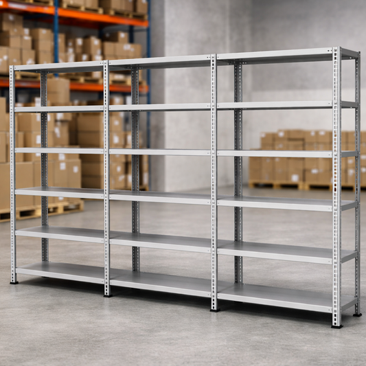 5 Katlı 3’lü Bitişik Çelik Raf Sistemi | Galvaniz Depo Rafı | Demir Metal Raf