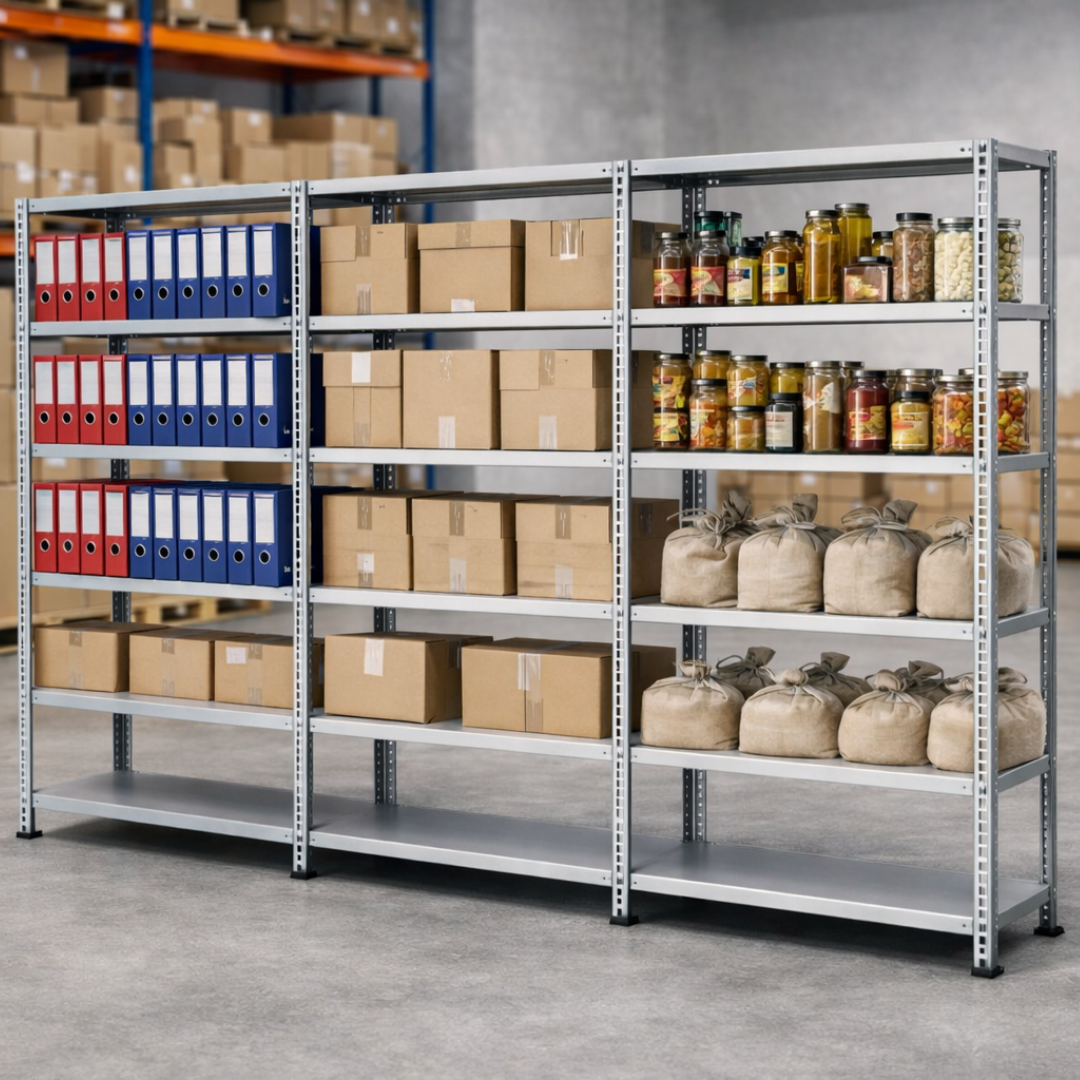 5 Katlı 3’lü Bitişik Çelik Raf Sistemi | Galvaniz Depo Rafı | Demir Metal Raf