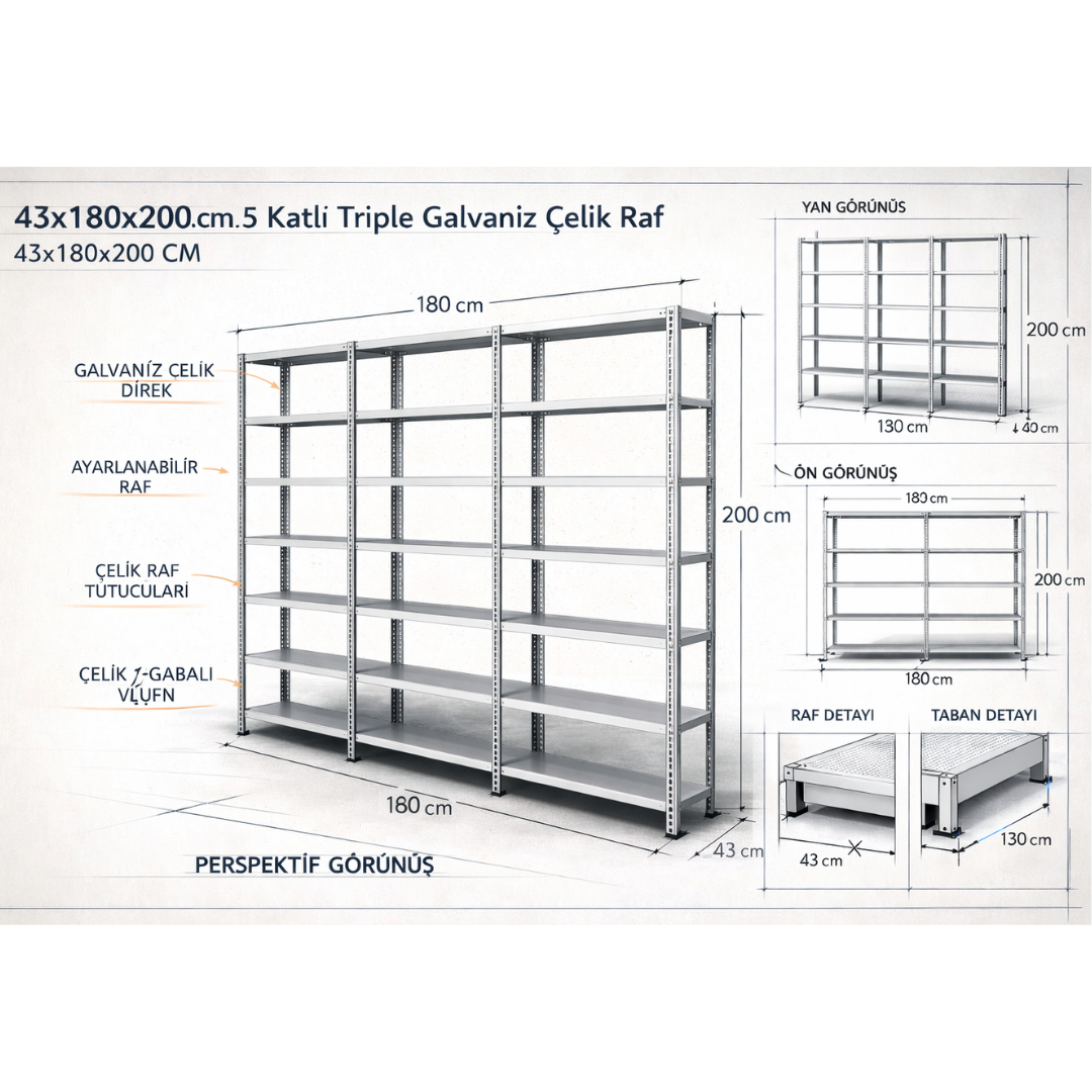 5 Katlı 3’lü Bitişik Çelik Raf Sistemi | Galvaniz Depo Rafı | Demir Metal Raf